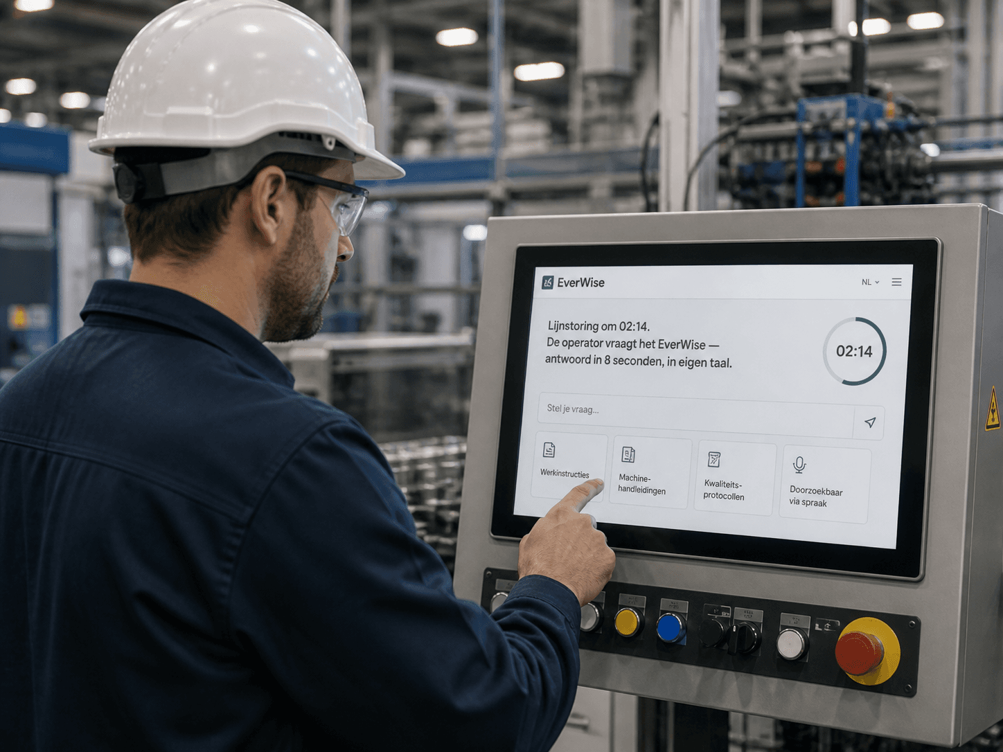 Een operator op de werkvloer raadpleegt een machine-handleiding — antwoorden in seconden, in eigen taal.